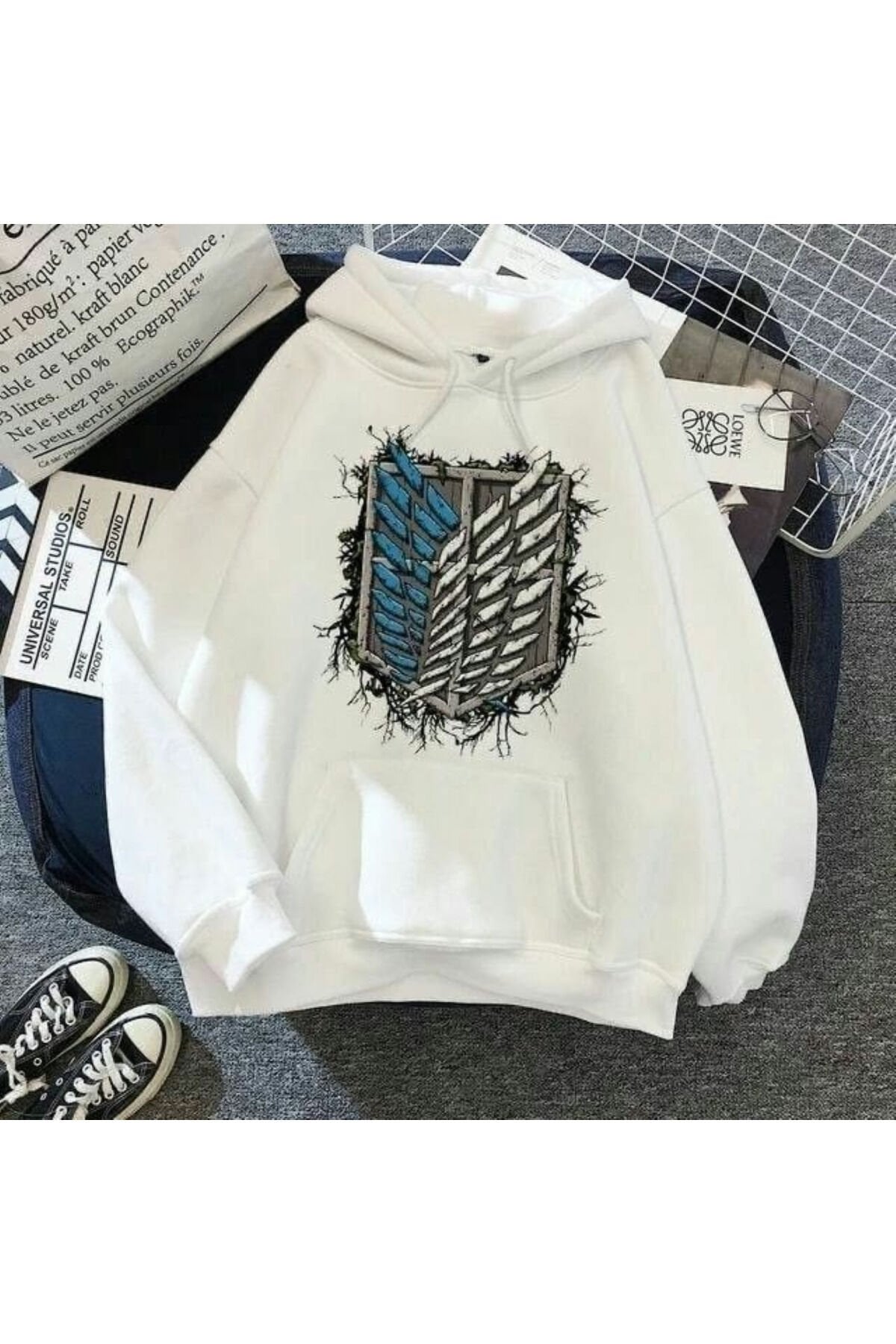 AOT baskılı Beyaz oversize kapşonlu sweatshirt hoodie