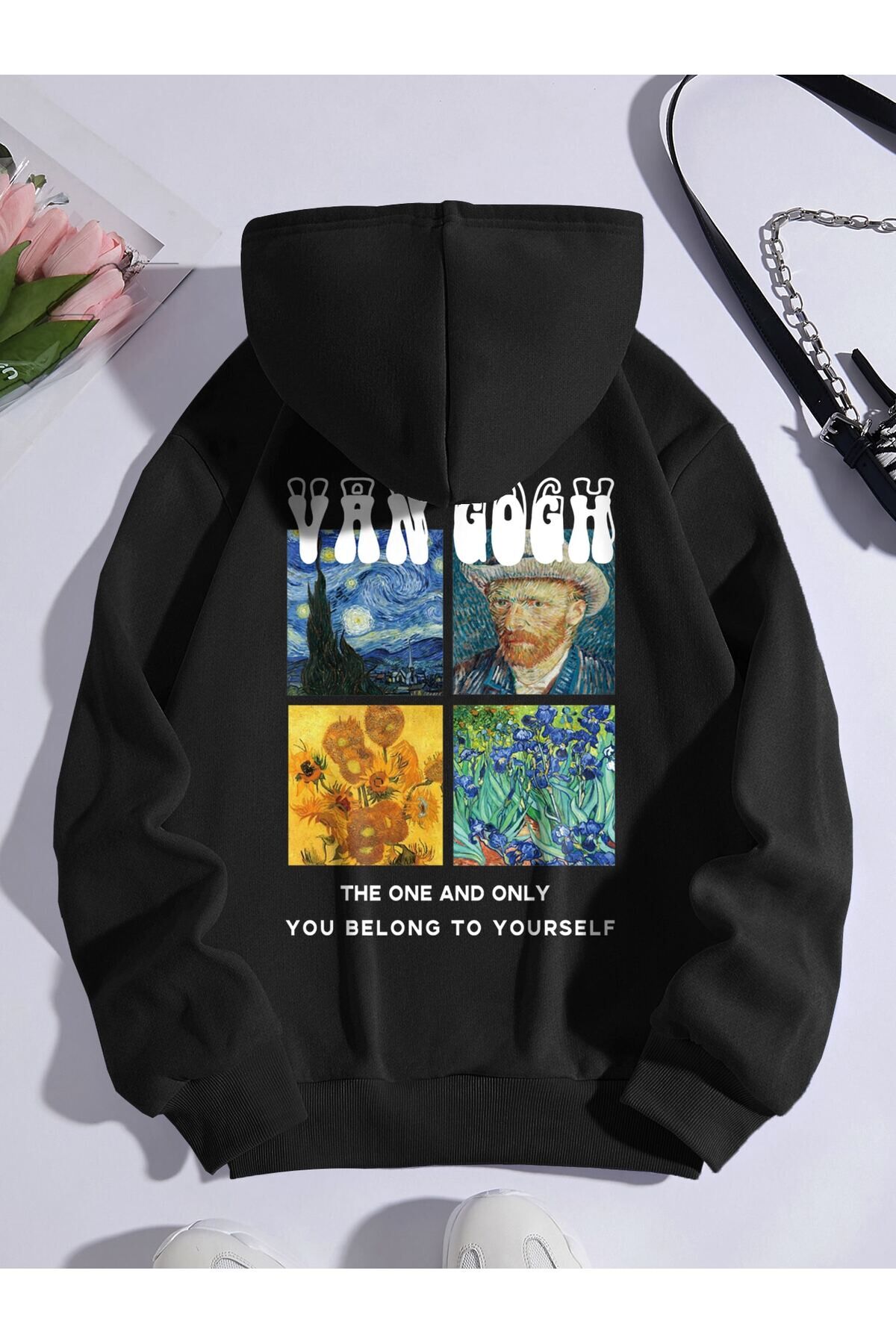 van gogh arka baskılı siyah oversize kapşonlu sweatshirt hoodie