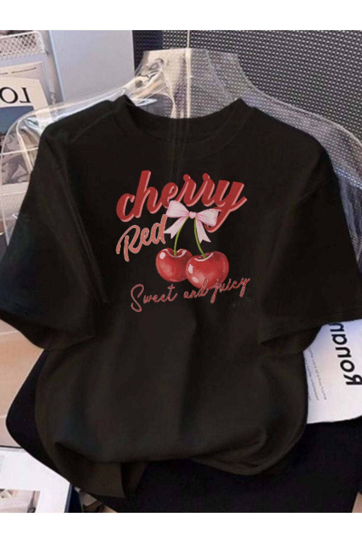 Unisex Erkek/Kadın Cherry Özel Baskılı Oversize Pamuklu Bisiklet Yaka T-Shirt tshirt