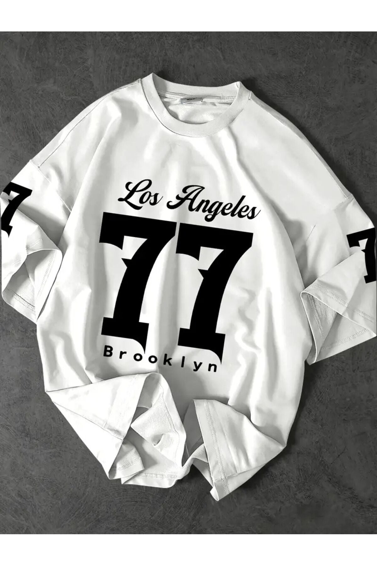 Erkek Los Angeles 77 Baskılı Bol Kesim T-Shirt - Sokak Stili Crew Neck Kısa Kollu