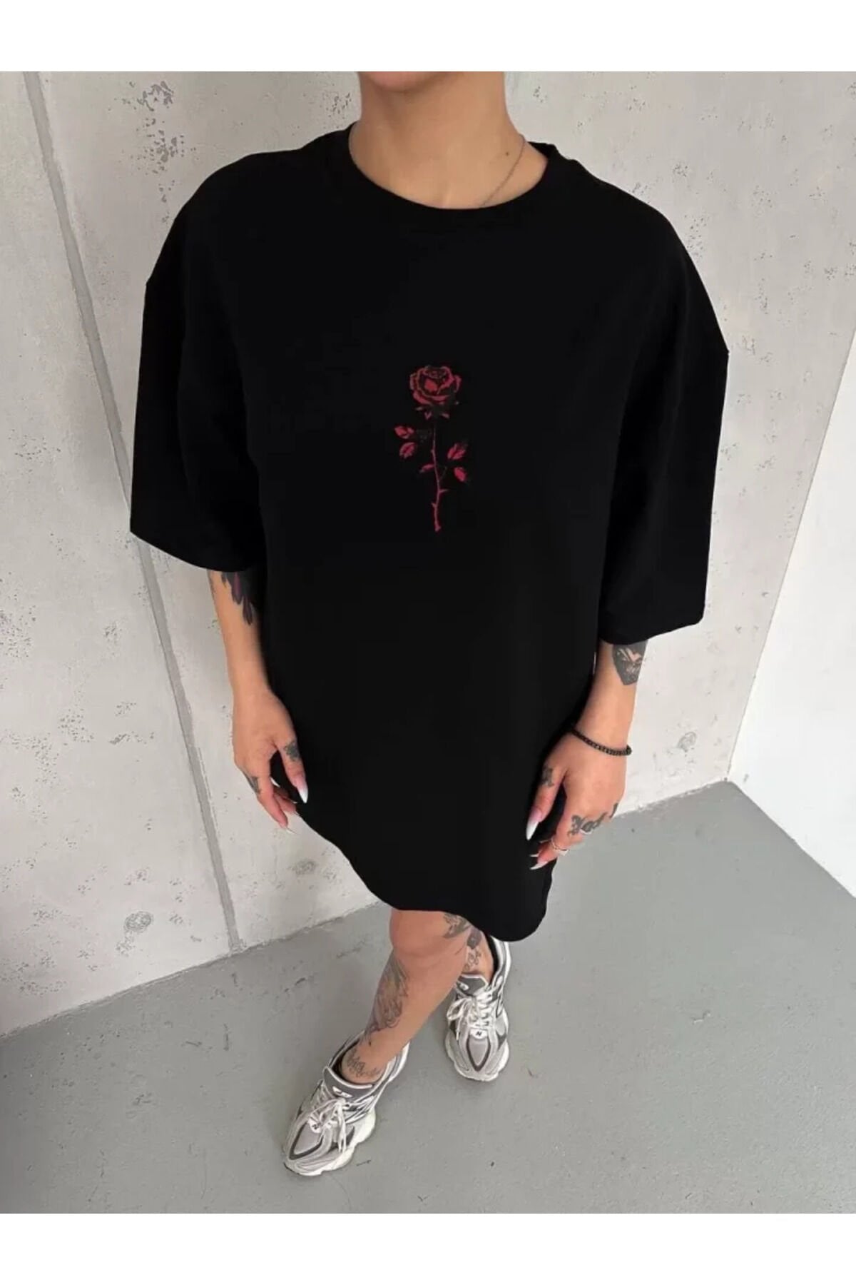 Unisex Bisiklet Yaka Baskılı Oversize T-Shirt - Siyah