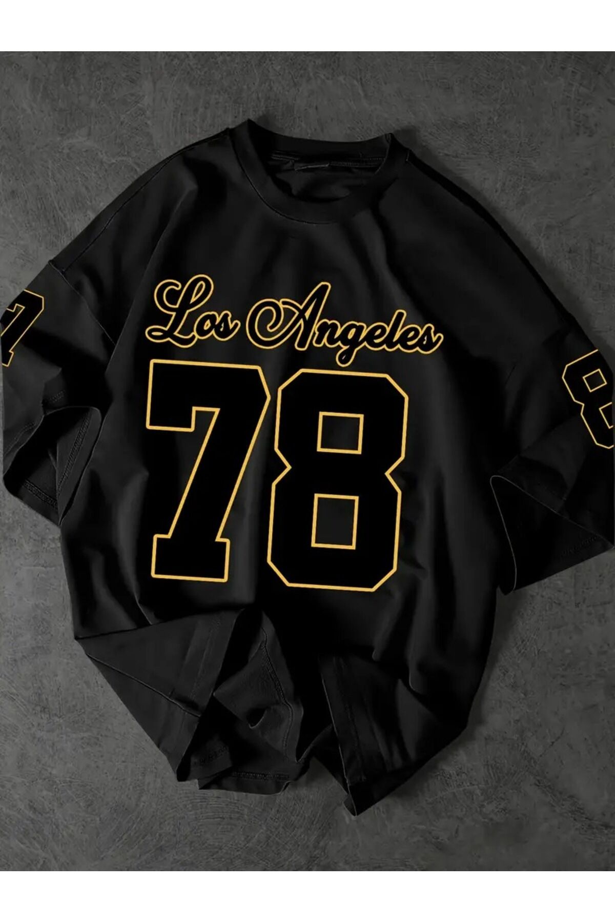 Erkekler için Los Angeles 78 Grafikli Tişört - Rahat Bol Kesim, Siyah Polyester Kısa Kollu Tişört,