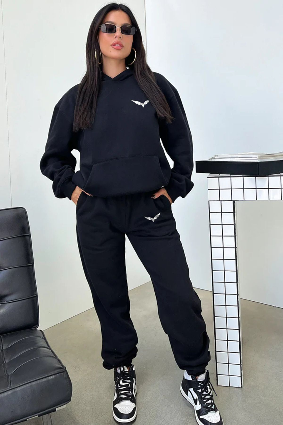 Kadın Kartal Baskılı Alt Üst Eşofman Takımı Oversize Kapüşonlu