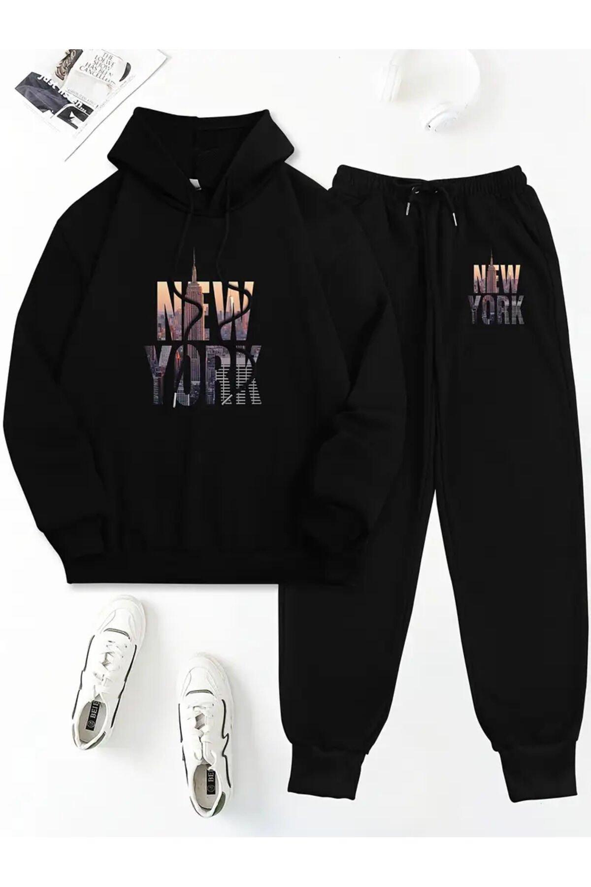NEW YORK Baskılı Kapüşonlu Sweatshirt Eşofman Alt Üst Takımı