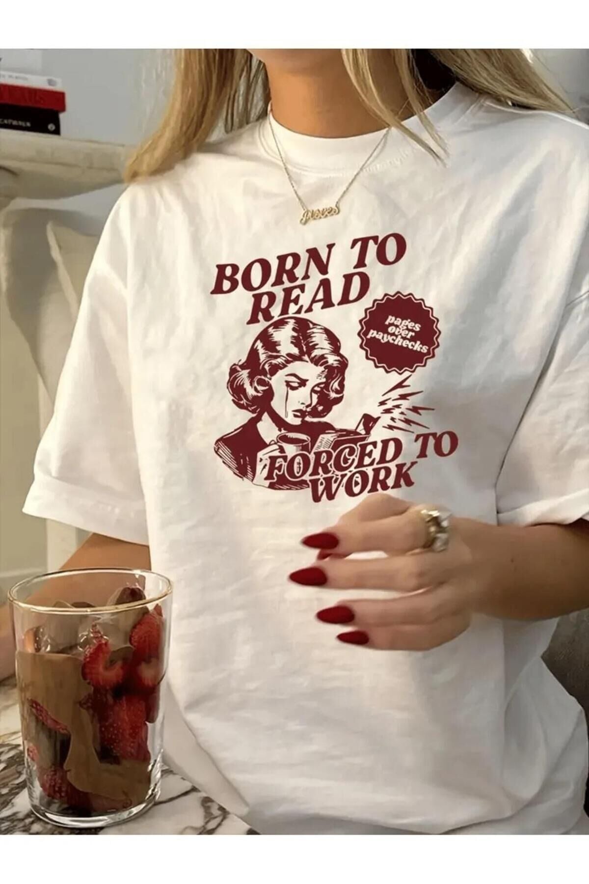Y2k  Beyaz Born to Reat Baskılı Oversize T-Shirt
