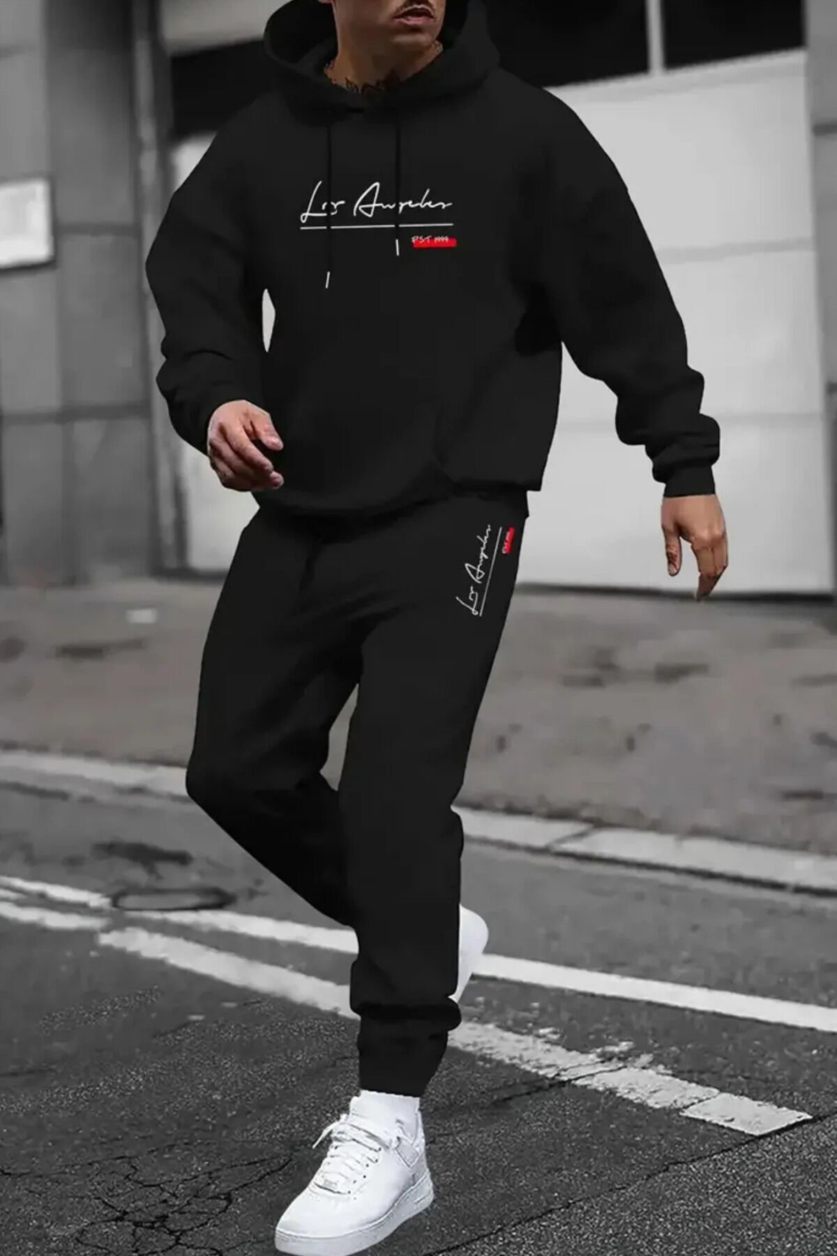 Pamuklu Erkek Baskılı Alt Üst Eşofman Takımı Oversize Kapüşonlu