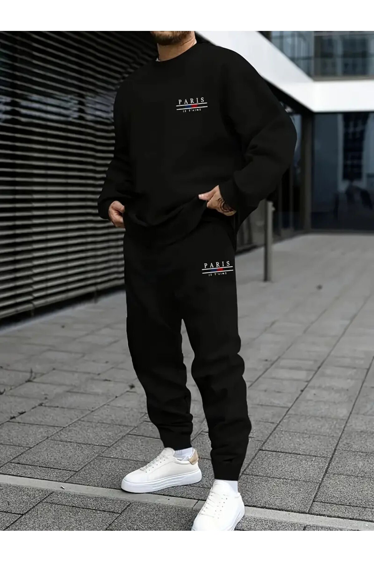 Sweatshirt Eşofman Altı Jogger - Siyah Baskılı Alt Üst Eşofman Takımı Kapüşonlu