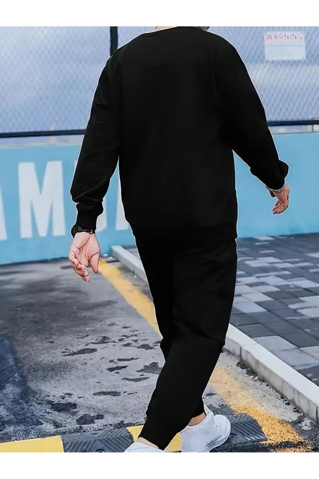 Sweatshirt Eşofman Altı Jogger - Siyah Baskılı Alt Üst Eşofman Takımı Kapüşonlu