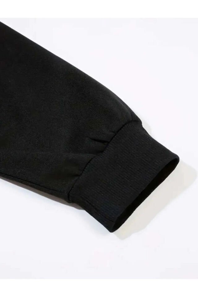 Sweatshirt Eşofman Altı Jogger - Siyah Baskılı Alt Üst Eşofman Takımı Kapüşonlu
