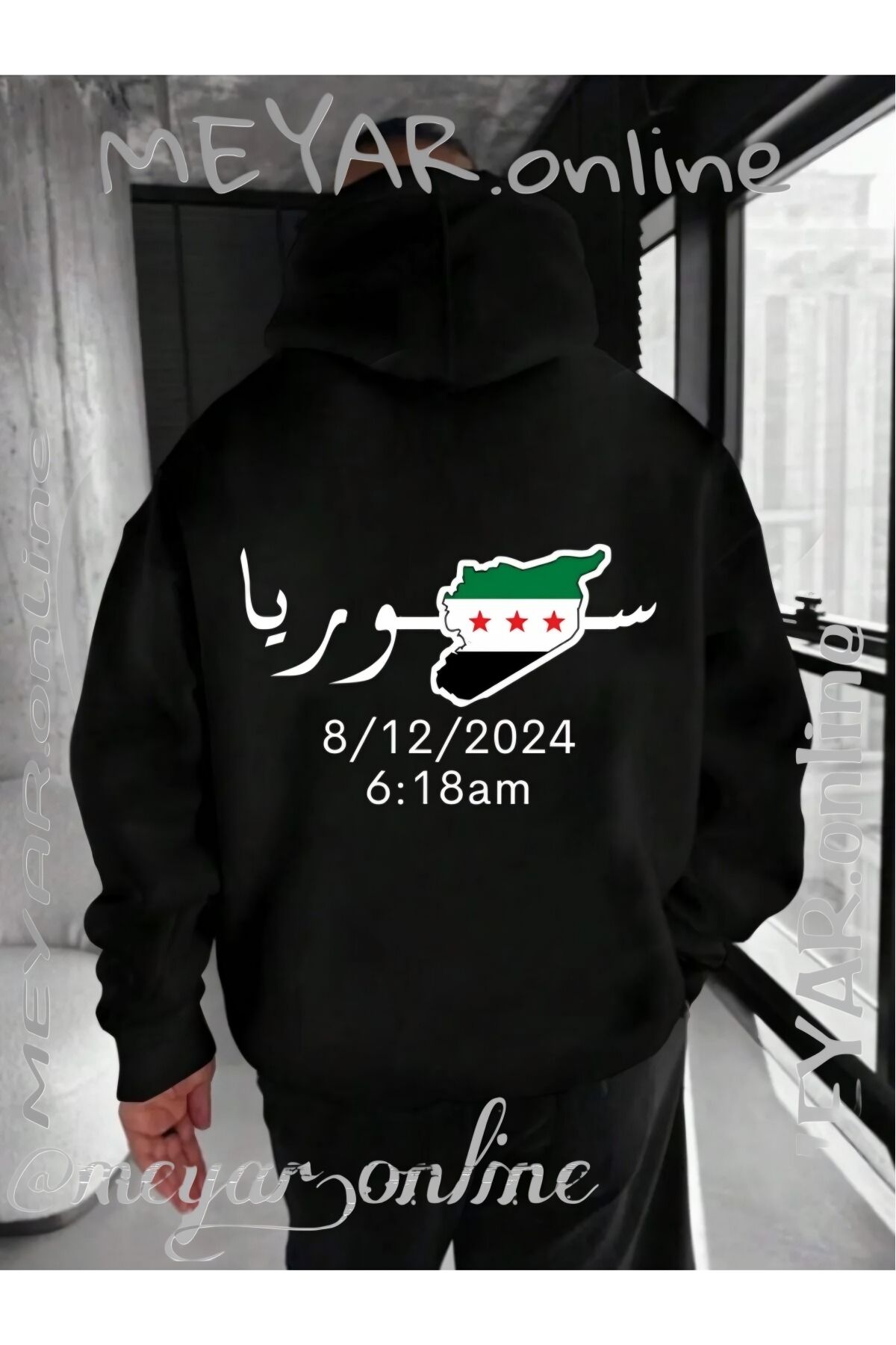 Universe Kışlık Sweatshirt Suriye Bayrağı Baskılı Oversize Kalın Kapüşonlu Hoodie 3 iplik