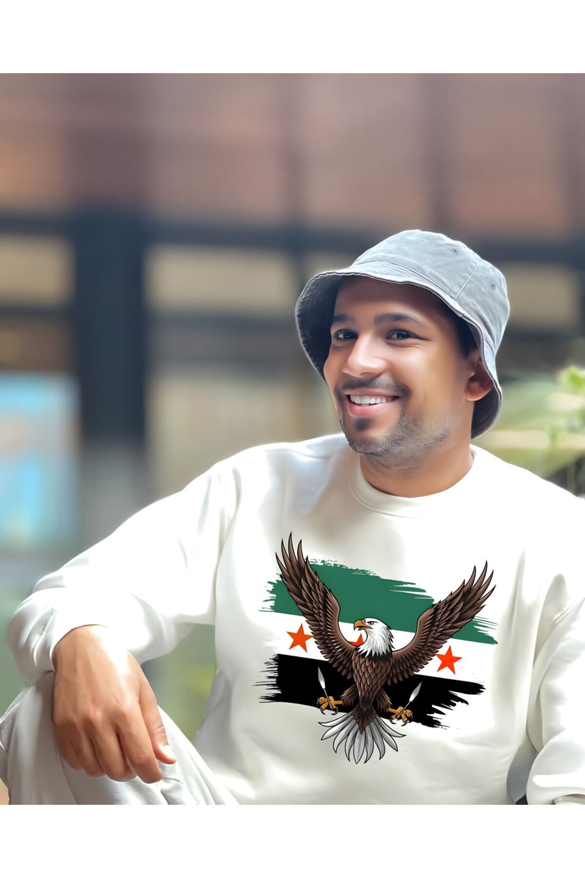 Kartallı Suriye Bayrağı Baskılı Unisex Bisiklet Yaka Sweatshirt