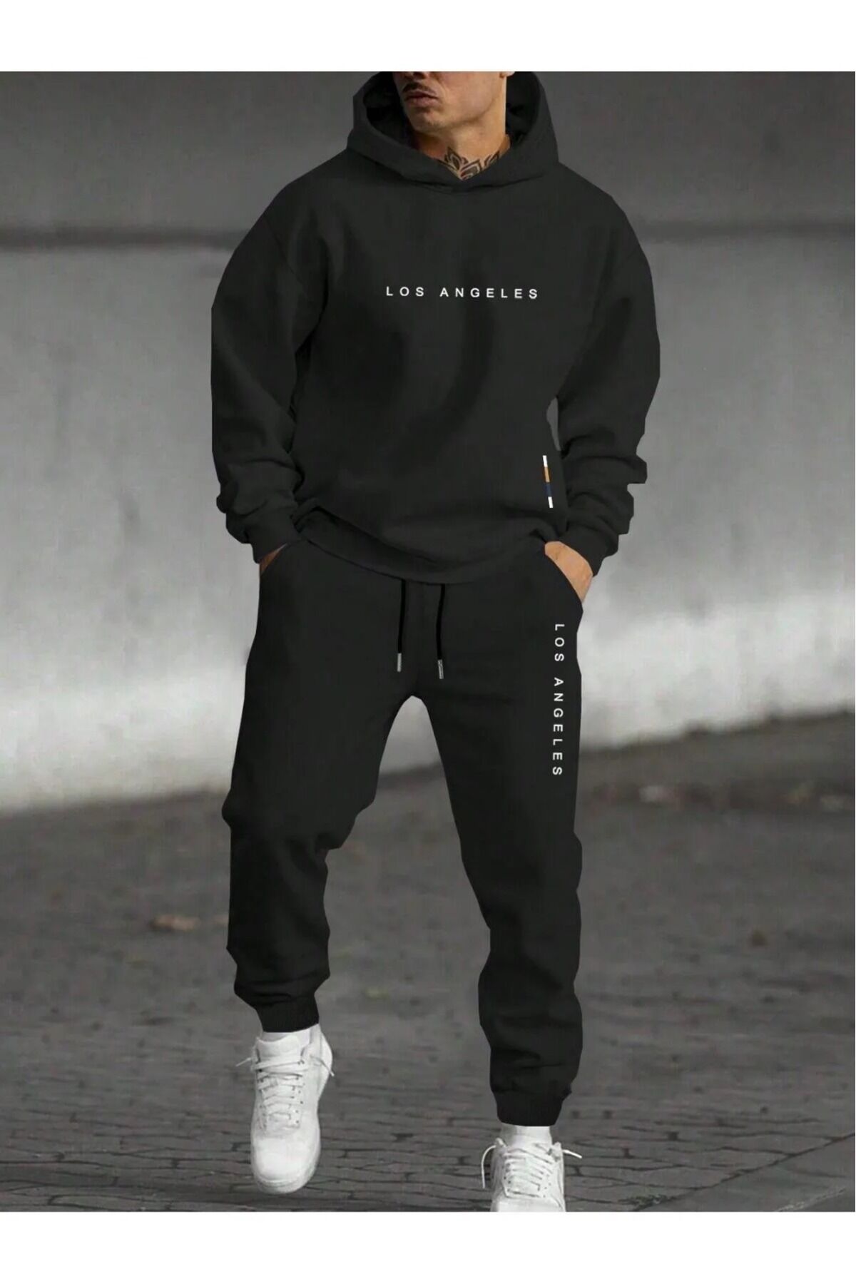 Los Angeles Detay Sweatshirt Eşofman Altı Jogger - Siyah Baskılı Alt Üst Eşofman Takımı Kapüşonlu