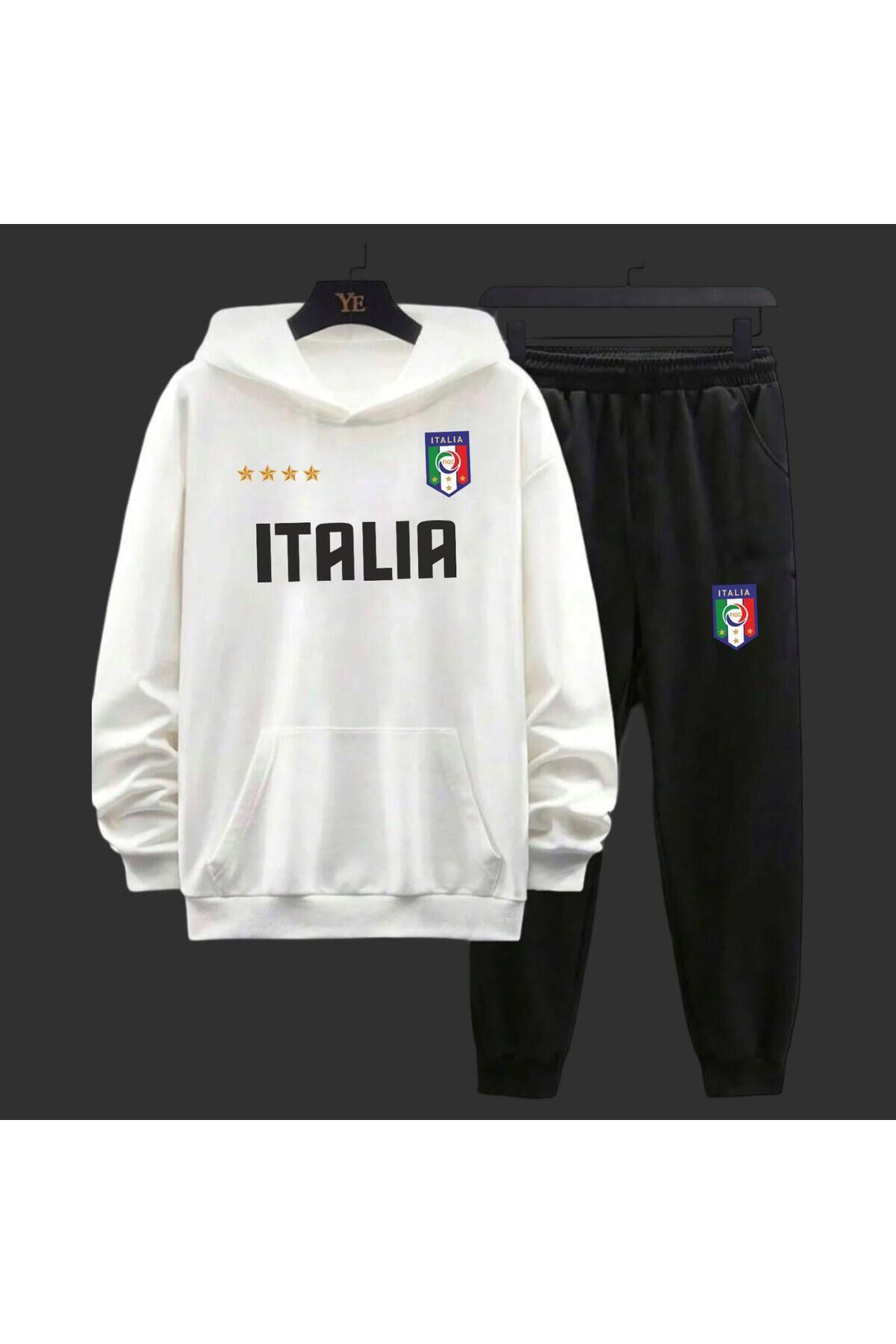Unisex Italıa Baskılı 3 İplik Kapüşonlu Sweatshirt-Jogger Eşofman-Eşofman Takımı