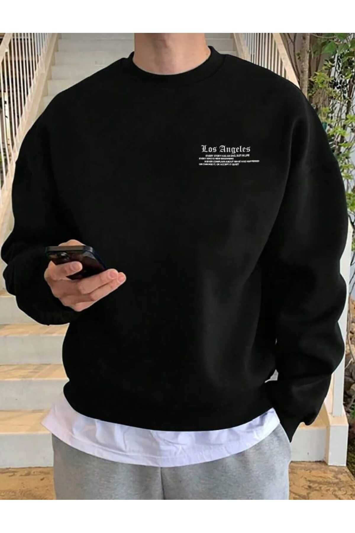 Los Angeles Accept Sweatshirt - Siyah Baskılı Oversize Kışlık Kalın Bisiklet Yaka