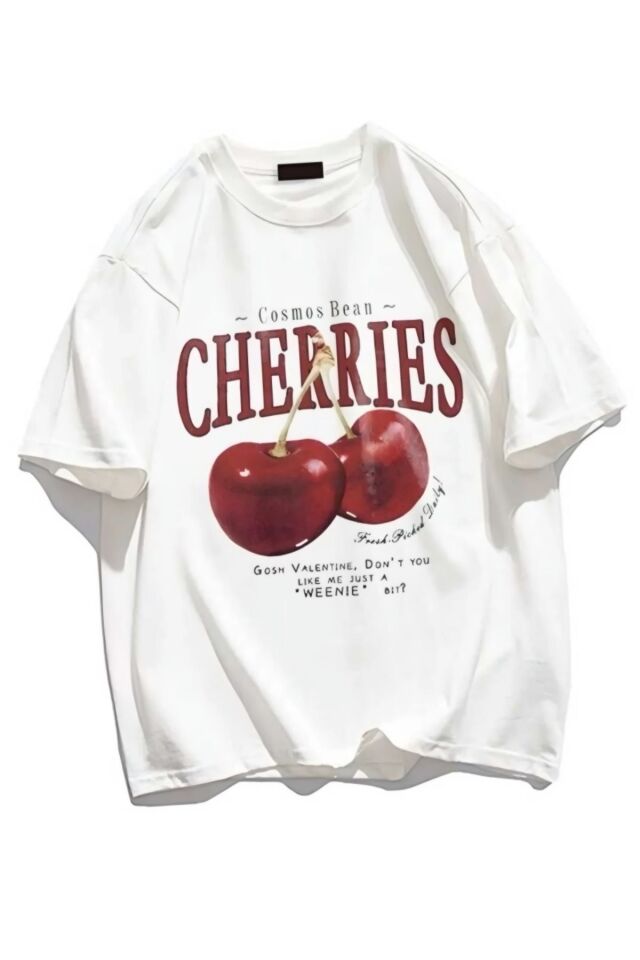 Red Cherries Baskılı Oversize Unisex Tshirt