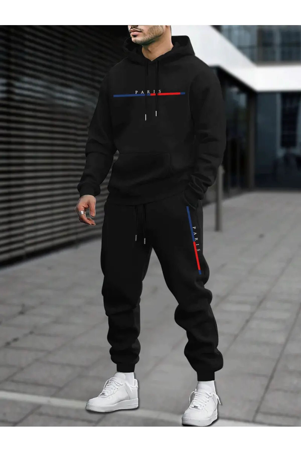 paris Baskılı Alt Üst Eşofman Takımı Oversize Kapüşonlu
