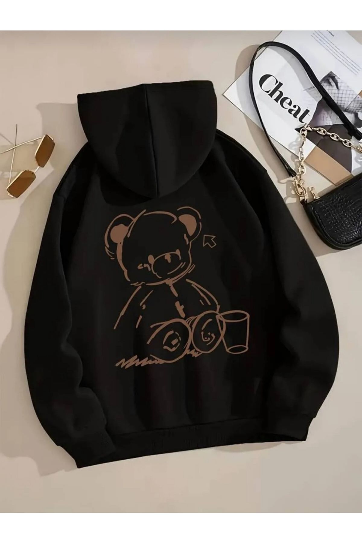 Ayıcık Basılı Oversize Unisex Kapüşonlu Kışlık Kalın siyah Sweatshirt Hoodie