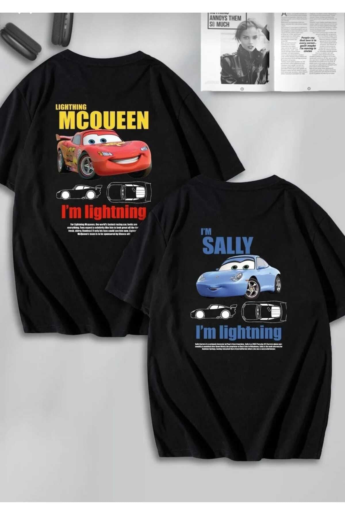 Kadın Erkek Unisex Sally & Mcqueen Cars Sevgili Çift Kombini Oversize Rekli T-shirt 2 li