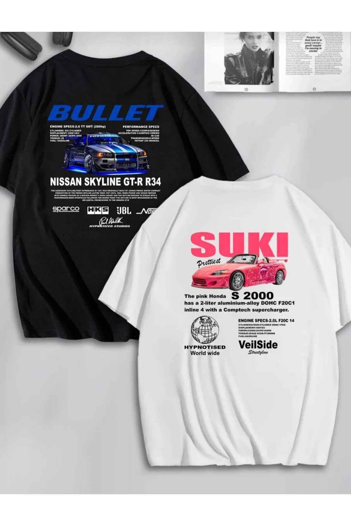 Kadın Erkek Unisex Hızlı ve Öfkeli Bullet & Suki SIRT Baskılı Sevgili Çift Kombini 2'li T-shirt