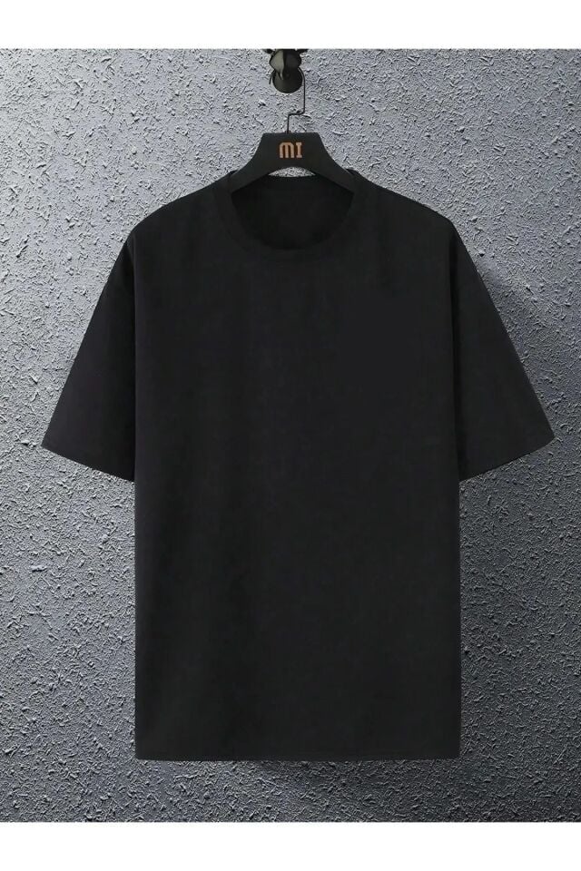 Unisex Siyah Arkası Gezegen Baskılı Oversize Bisiklet Yaka Tshirt