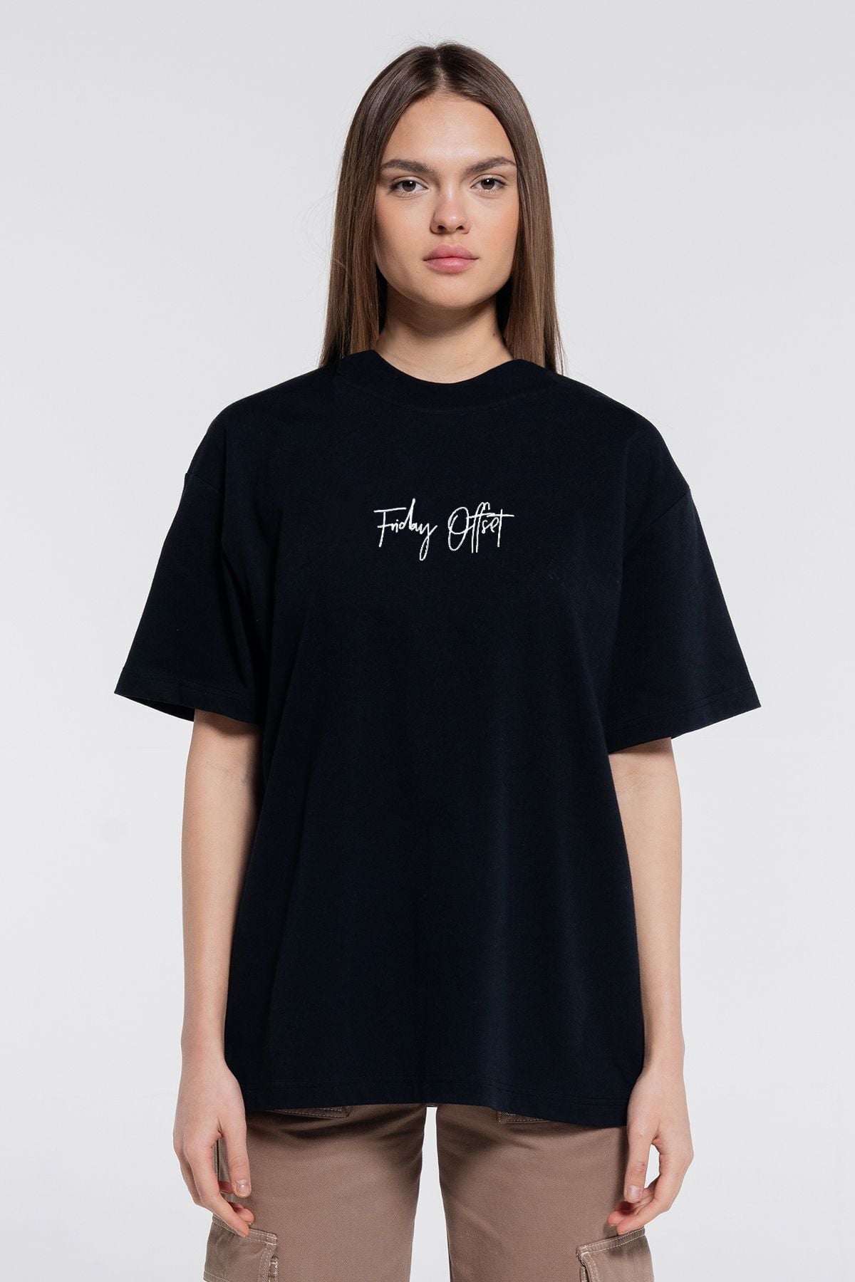 Friday Tee Siyah Kadın %100 Pamuk Ekstra Oversize Bisiklet Yaka Tişört