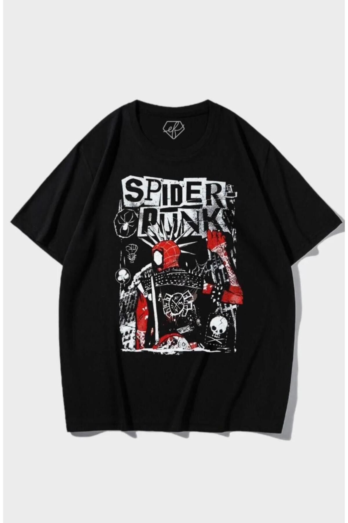 Siyah y2k Unisex Streetwear Spider-Punk Yumuşak Penye Oversize T-shirt