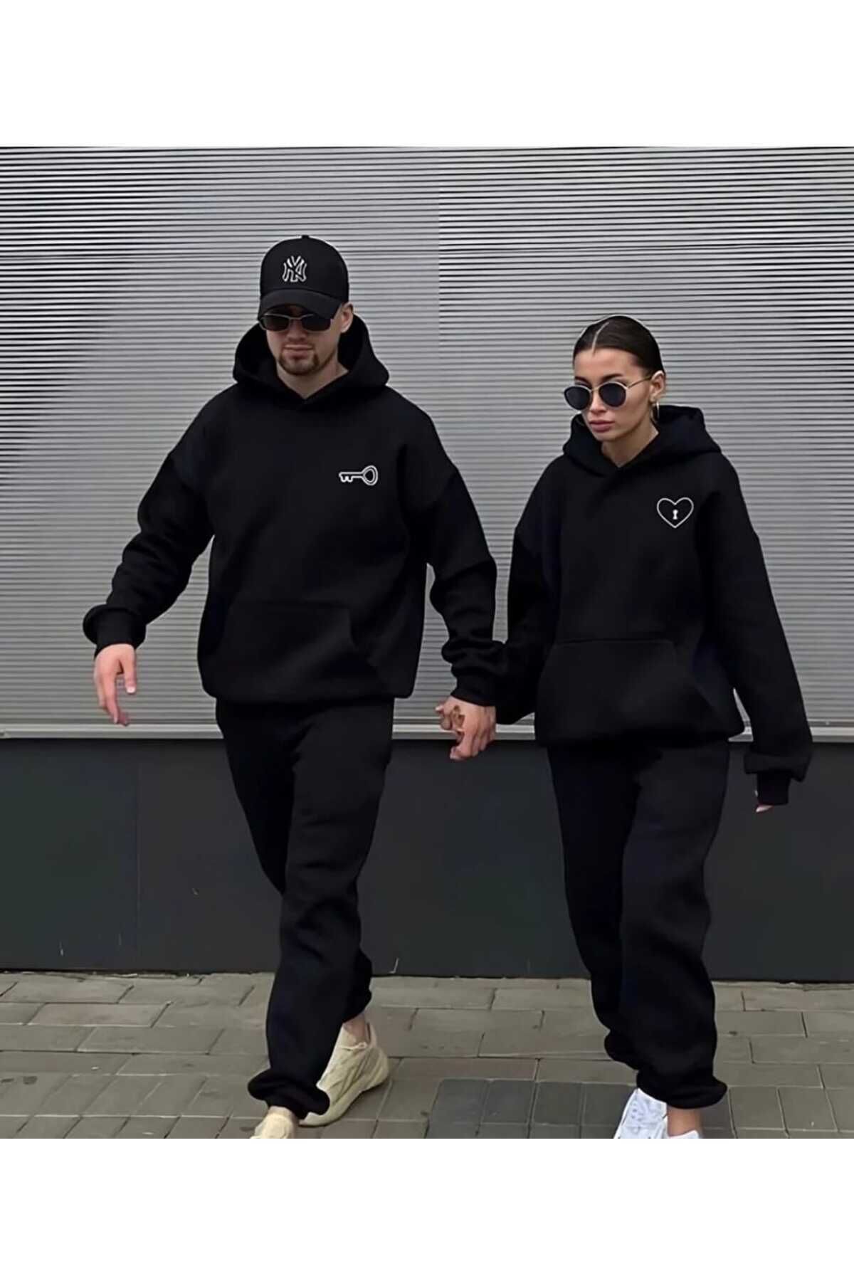 Unisex Kadın Erkek Sevgili Çift Kombini Anahtar Kalp Baskılı Kapüşonlu Alt-Üst Eşofman Takımı 2'li