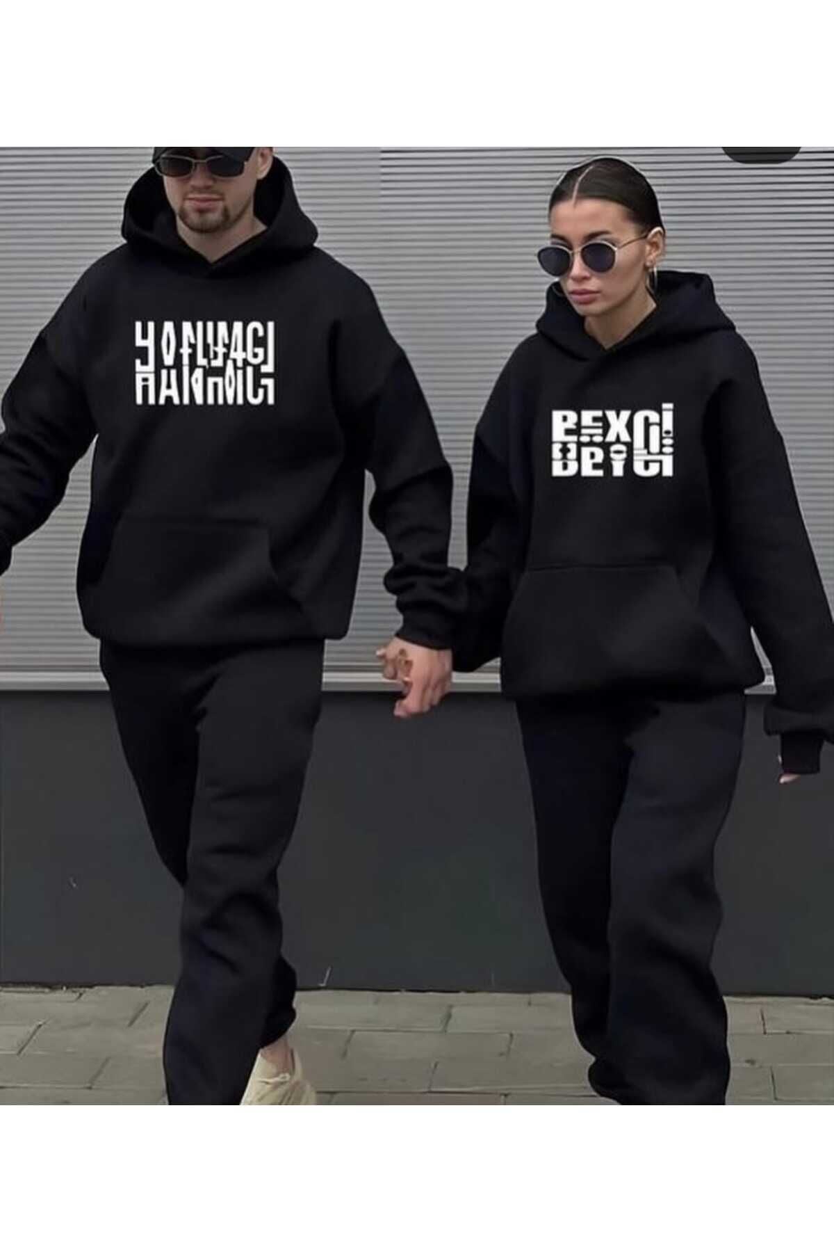 Sevgili Kombini 2'li Baskılı Alt Üst Kapşonlu Eşofman Takımı Oversize Eşofman Boyfirend
