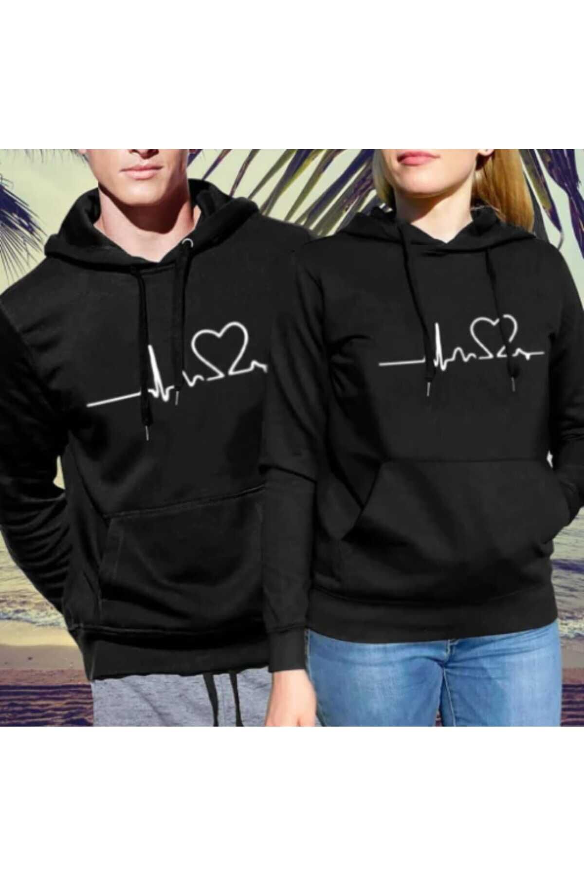 Unisex Kadın Erkek Sevgili Çift Kombini Medical Healthline Baskılı Kapüşonlu Sweatshirt 2'li Set