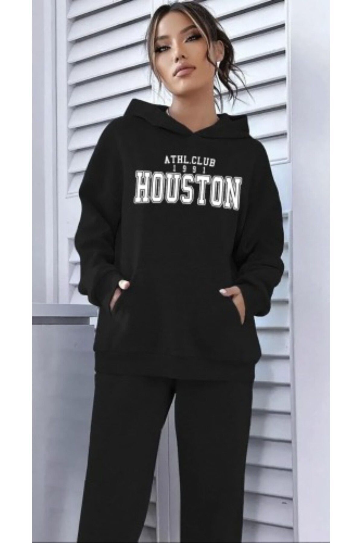 Eşofman Takımı - Siyah Baskılı Takım Jogger Sweatshirt Lastik Paça Kapüşonlu