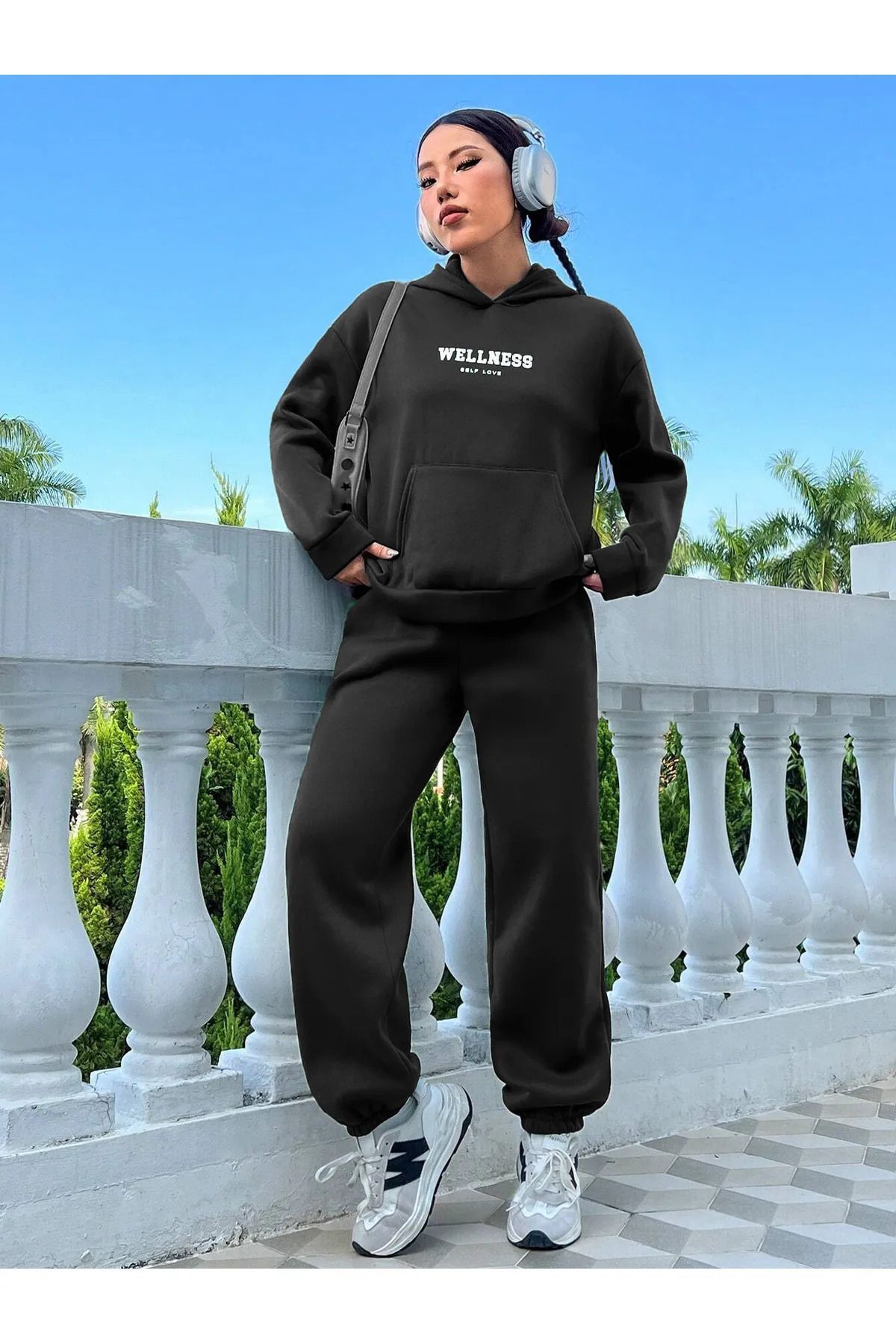 Wellness Self Love Eşofman Takımı - Siyah Baskılı Takım Jogger Sweatshirt Lastik Paça Kapüşonlu