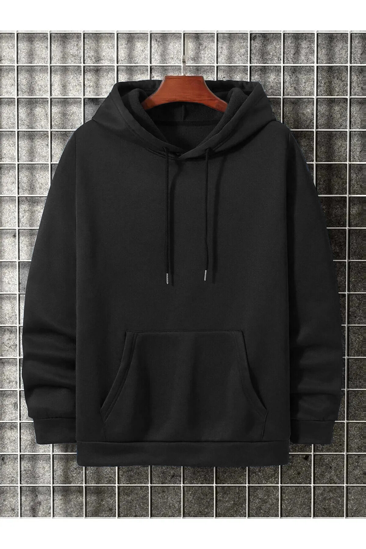 Siyah Kapşonlu Düz Sweat