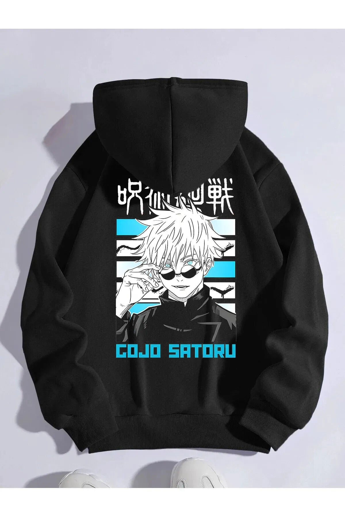 Anime Satoru Gojo Baskı3 Iplik Şardonlu Sweatshirt - Siyah Beyaz Unisex Oversize Kapüşonlu %80 Pamuk