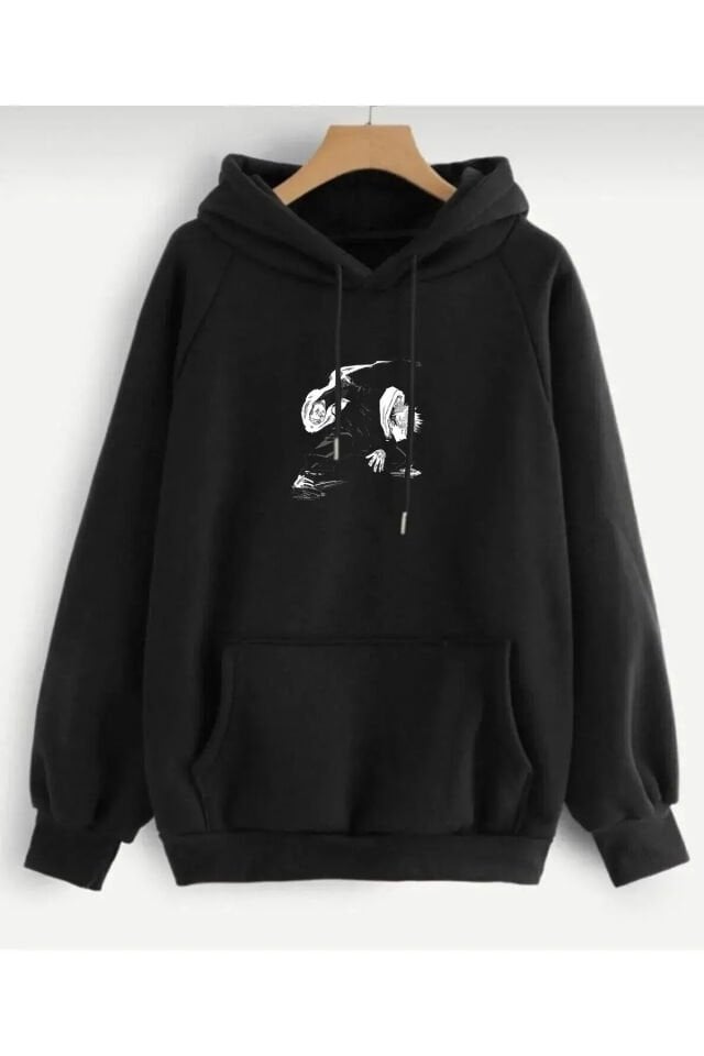 Anime Satoru Gojo Baskı3 Iplik Şardonlu Sweatshirt - Siyah Beyaz Unisex Oversize Kapüşonlu %80 Pamuk
